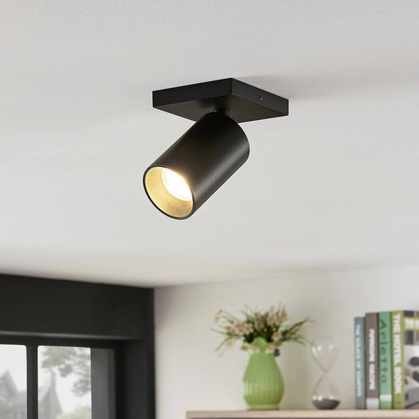 Schwarzer Deckenstrahler aus Metall mit zylindrischem Lampenkopf