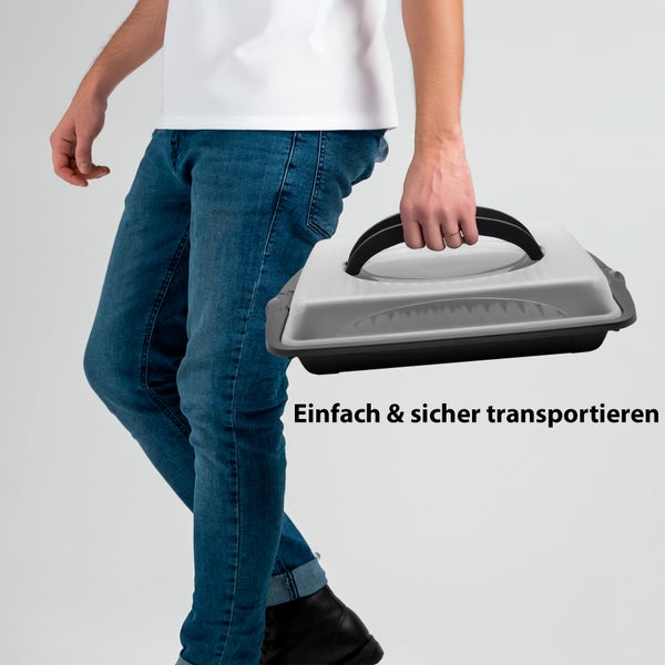 Eine Person trägt einen Transportbehälter mit Griff. Text: Einfach und sicher transportieren.