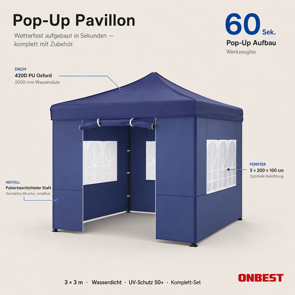 Darstellung des werkzeuglosen Aufbaus eines Pop-Up-Pavillons in drei Schritten: Auspacken, Aufklappen und einsatzbereites Zelt. ONBEST Logo.