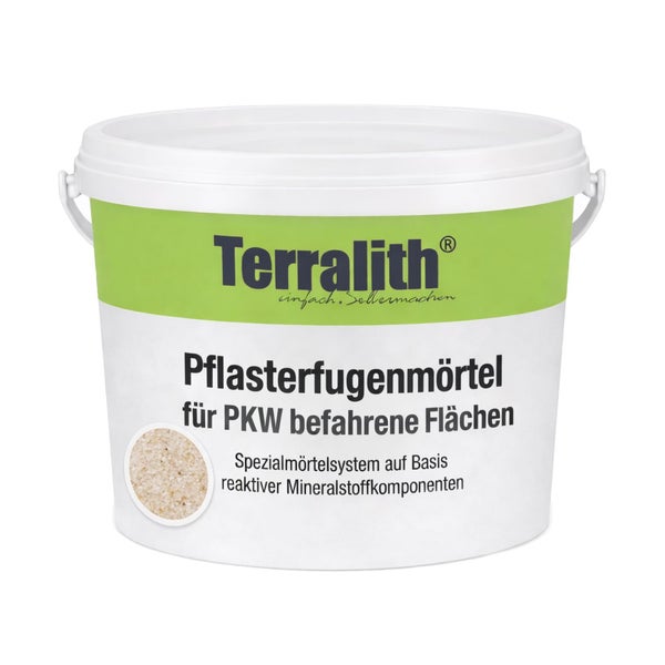 Terralith Pflasterfugenmörtel für PKW befahrene Flächen im Eimer, reaktives Mineralstoffmörtelsystem zur Verfugung von Pflasterflächen.