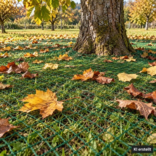 Grünes Laubschutznetz auf einer Wiese unter einem Baum mit herbstlichem Laub