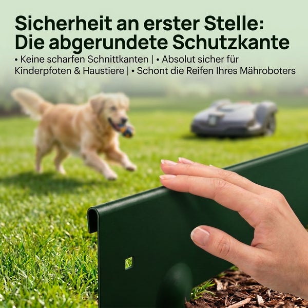 Eine Hand berührt die abgerundete Schutzkante einer Beetbegrenzung im Garten mit spielendem Hund und Mähroboter im Hintergrund.