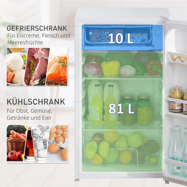Weißer Kühlschrank mit offenem Türbereich, 10 Liter Gefrierfach und 81 Liter Kühlbereich, gefüllt mit Lebensmitteln wie Obst, Gemüse und Getränken.
