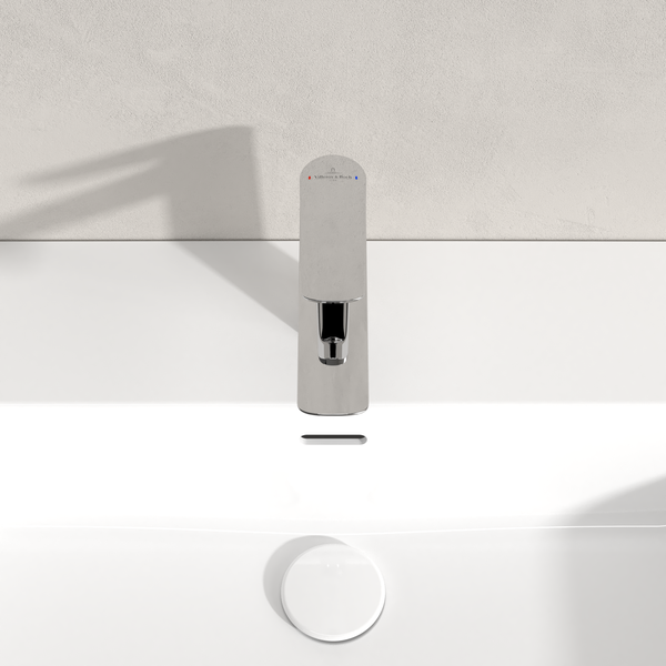 Villeroy & Boch Oasis Waschtischarmatur, Wasserhahn Bad mit Zugstange und Keramikkartusche, Waschbeckenarmatur wassersparend, Auslauf Höhe 114mm, rund, Chrom