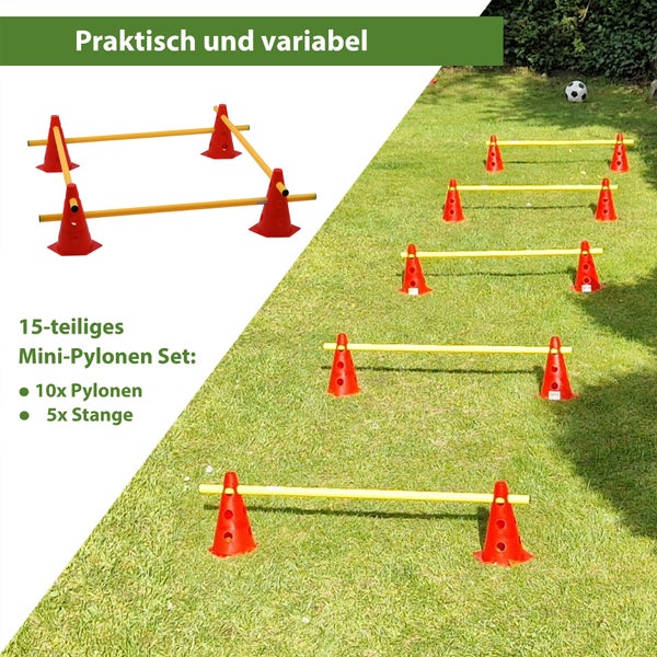 15-teiliges Mini Pylonen Set mit 10 Pylonen und 5 Stangen für den Einsatz als Hindernisparcours auf dem Rasen.