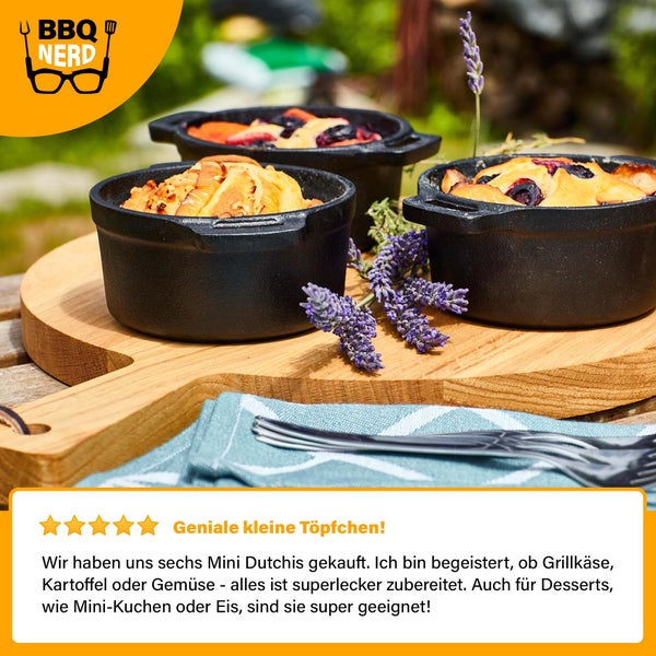 BBQ-Nerd 6er Set Mini Dutch Oven | Kleiner Gusseisentopf mit Deckel 11x5cm für Grill, Feuerstelle, Backofen, Herd | Serviertöpfe Kochtopf Schmortopf Brottopf Bräter Cocotte - Feuerfester Topf