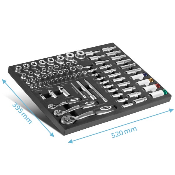 Steckschlüsselsatz mit Ratschengriffen in schwarzer Werkzeugablage mit Größenangaben