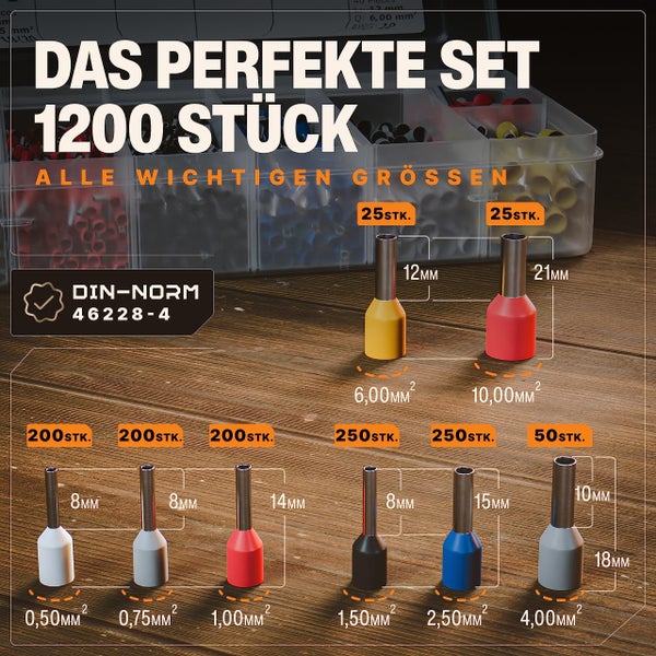 BAURIX ® 1200 Stück Aderendhülsen Sortiment I Isolierte Hülsen nach DIN 46228-4: 2020-03 I 0,5 mm² - 10 mm² I Profi Isolierhülsen Set