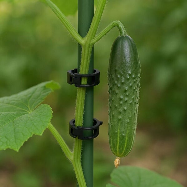 Gurke an Pflanzenstütze mit Pflanzenklammern
