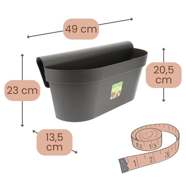 GarPet Balkonkasten: Länge 49 Zentimeter, Gesamthöhe 23 Zentimeter, Tiefe 13,5 Zentimeter und Innenhöhe 20,5 Zentimeter.