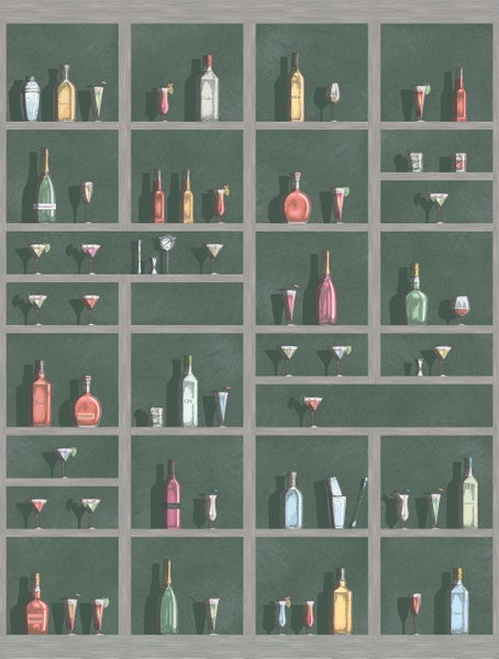 Illustration einer Bar mit Spirituosenflaschen und Gläsern in Regalen