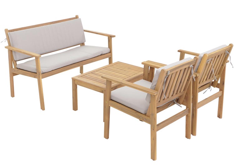 Gartenmöbelset aus Holz mit Bank, zwei Stühlen und Tisch