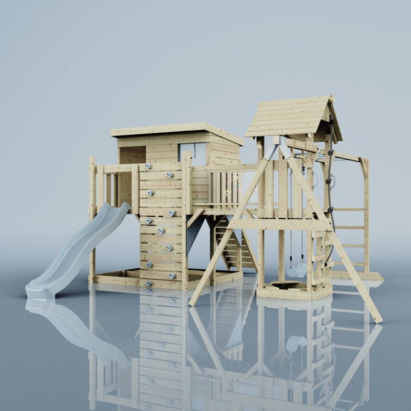 Spielturm aus Holz mit Rutsche, Kletterwand und Schaukel