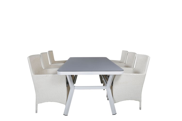 Virya Gartenset Tisch 100x200cm und 6 Stühle Malin weiß, grau. 100 X 200 X 74 cm
