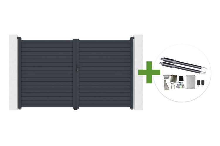 Zweiflügeliges Einfahrtstor mit horizontalen Lamellen inklusive elektrischem Torantrieb Set mit Fernbedienungen und Montagezubehör