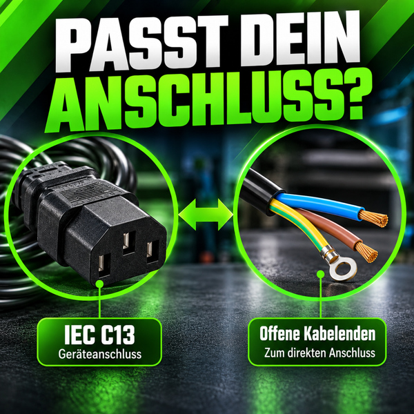 Grafik zeigt einen Vergleich zwischen einem IEC C13 Kaltgerätestecker und einem Kabel mit offenen Kabelenden für den direkten Elektroanschluss.