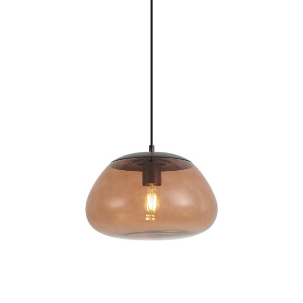 Moderne Hängeleuchte mit einem getönten Glaskörper und einer integrierten LED Leuchtmittel Fassung.