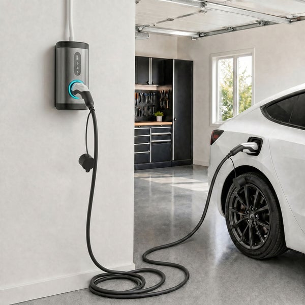 Wandladestation für Elektroautos montiert in einer Garage, verbunden mit einem Elektrofahrzeug über ein Ladekabel.