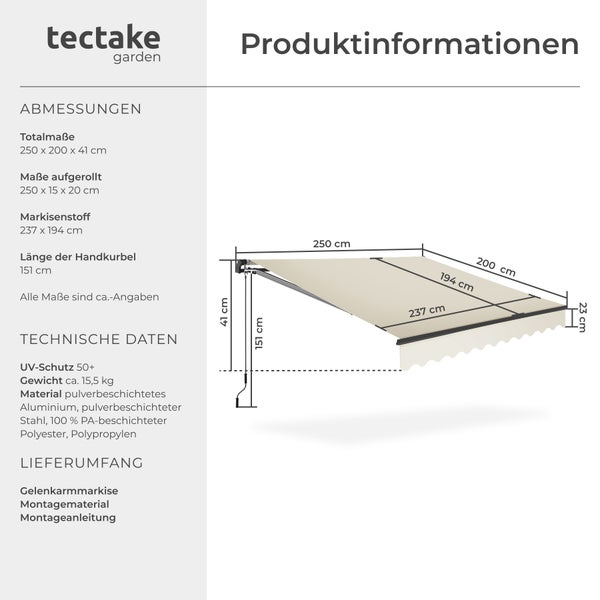 Gelenkarmmarkise tectake Ornella inkl. Wandhalterung verschiedene Größen beige