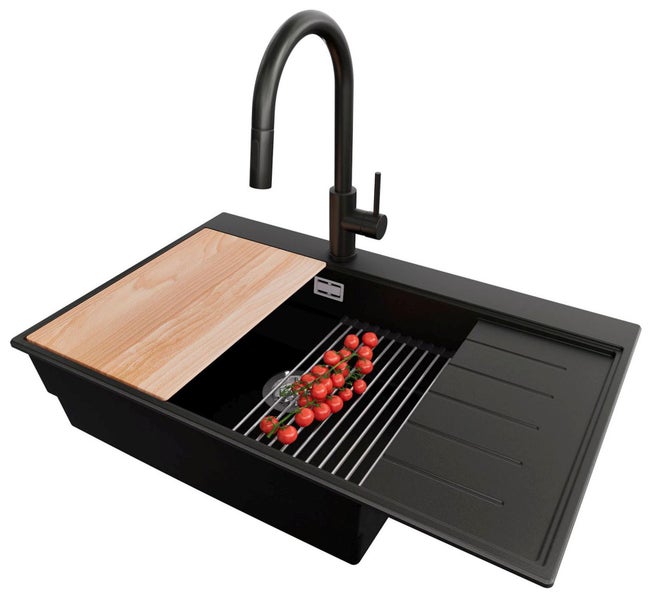 Spüle mit Armatur, Abtropffläche, Schneidebrett und Abtropfgitter