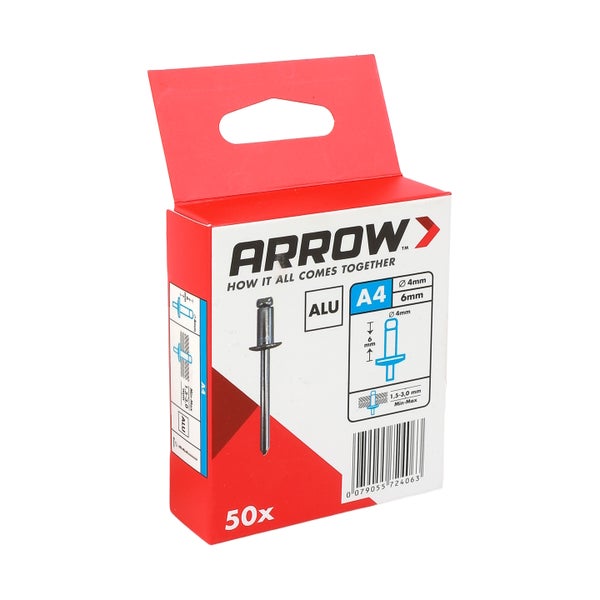 Packung mit 50 Arrow Blindnieten aus Aluminium, Durchmesser 4 Millimeter, Länge 6 Millimeter, Klemmbereich 1,5 bis 3,0 Millimeter.