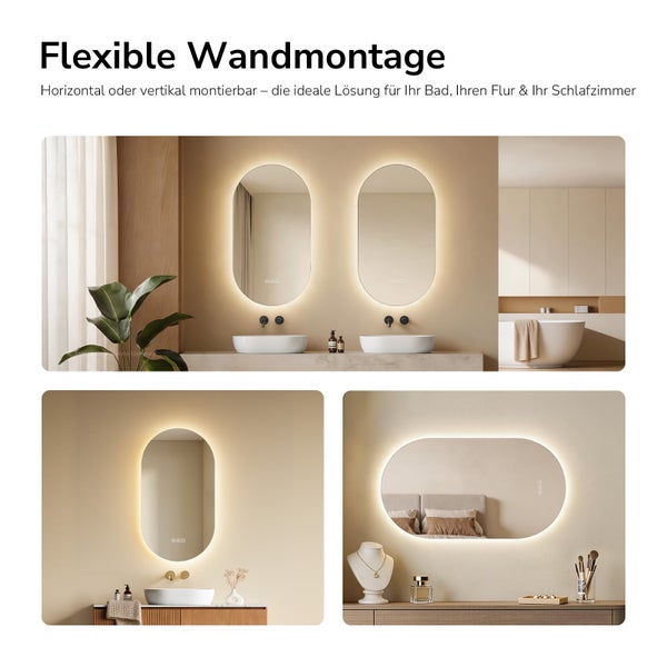 Ovaler LED-Badspiegel mit flexibler Wandmontage, vertikal im Bad und horizontal im Schlafzimmer montierbar, mit Hintergrundbeleuchtung.