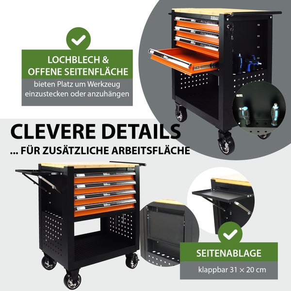 Werkstattwagen mit Lochblechseitenwand, Schubladen und seitlicher Ablagefläche