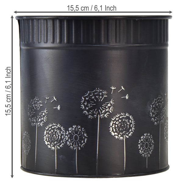 Anthrazitfarbener Metall-Übertopf mit Pusteblumen-Motiv, Höhe 15,5 Zentimeter, Durchmesser 15,5 Zentimeter.