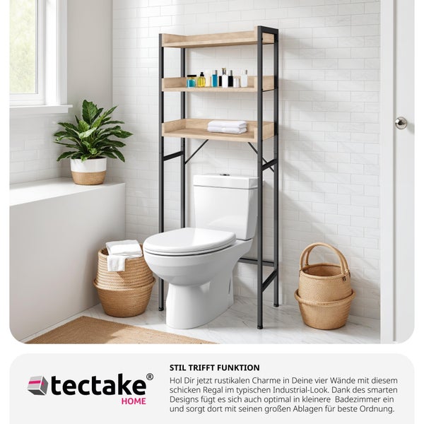 Industrielles Badregal über der Toilette mit schwarzem Metallgestell und drei Ablagen in Holzoptik in einem hellen Badezimmer. tectake HOME Logo.