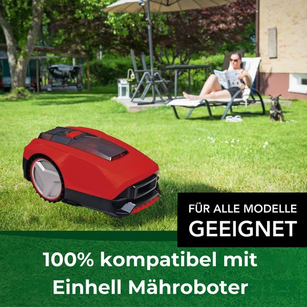 Roter Mähroboter auf Rasen, kompatibel mit Einhell Mährobotern