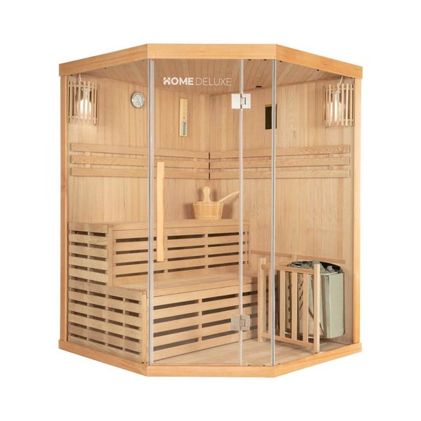 Ecksauna aus Holz mit Glaselementen inklusive Saunaofen und Saunazubehör Home Deluxe Logo
