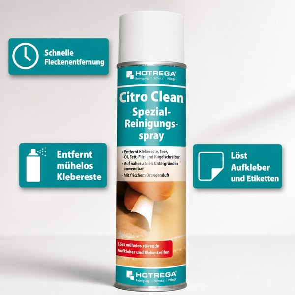 Hotrega Citro Clean Spezial Reinigungsspray zur Entfernung von Kleberesten, Etiketten, Teer, Öl, Fett, Filzstift und Kugelschreiber.