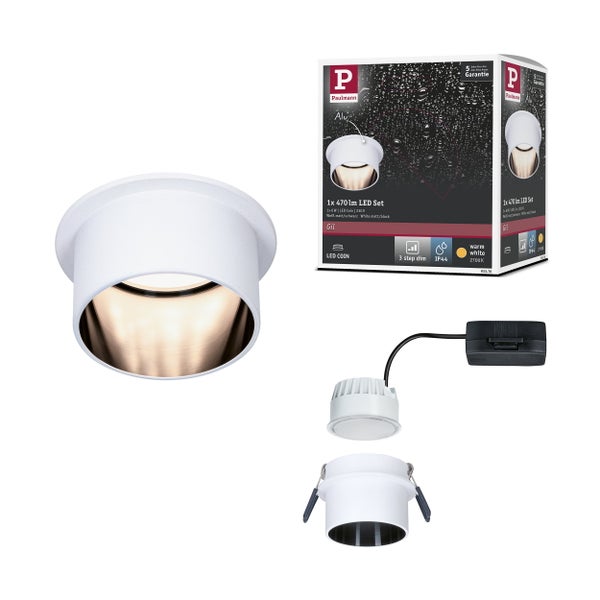 Dreierpack LED Einbaustrahler aus Aluminium in Warmweiß, IP23 Spritzwasserschutz für die Deckenmontage, inklusive technischer Maßzeichnung.