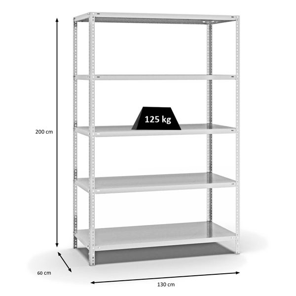 PROREGAL Fachbodenregal Schraubsystem Light-Duty Grundregal HxBxT 200 x 130 x 60 cm 5 Ebenen Fachlast 125 kg Beidseitig Nutzbar Lichtgrau