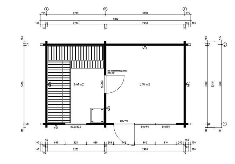 Grundriss einer Sauna mit Vorraum, Maße in Millimeter, Gesamtfläche circa 15,6 Quadratmeter, inklusive Saunaofen und Liegefläche.