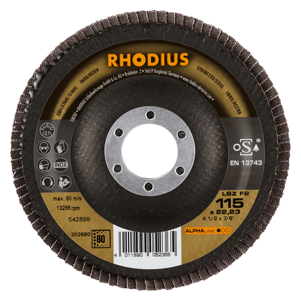 RHODIUS Fächerscheibe LSZ F2, 5 Stück, 115 x 22,23 mm, Korn 80, für Edelstahl, Stahl, Metall, ALPHAline