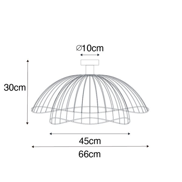 Abmessungen der Pendelleuchte: 30 cm hoch, Durchmesser oben 10 cm, Durchmesser unten 66 cm.