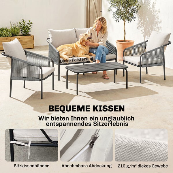 Garten-Lounge-Set aus Sofa, Sesseln und Tisch mit dicken Polstern, Sitzkissenbändern und abnehmbarem Bezug aus 210 Gramm pro Quadratmeter Gewebe.