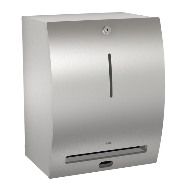 Wand-Papierhandtuchspender aus Edelstahl mit Sichtschlitz, Schloss und KWC Logo.