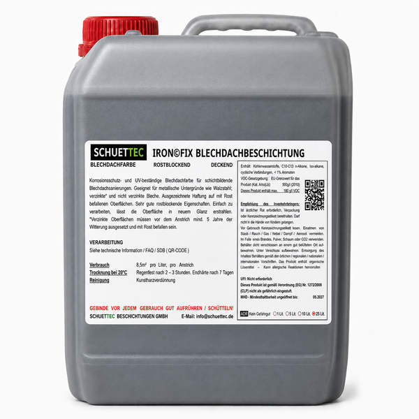 Schuettec Ironofix Blechdachbeschichtung in einem Kunststoffkanister mit rotem Verschluss.