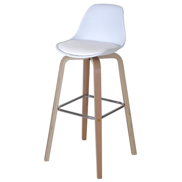 Barhocker mit Holzbeinen und weißer Sitzfläche
