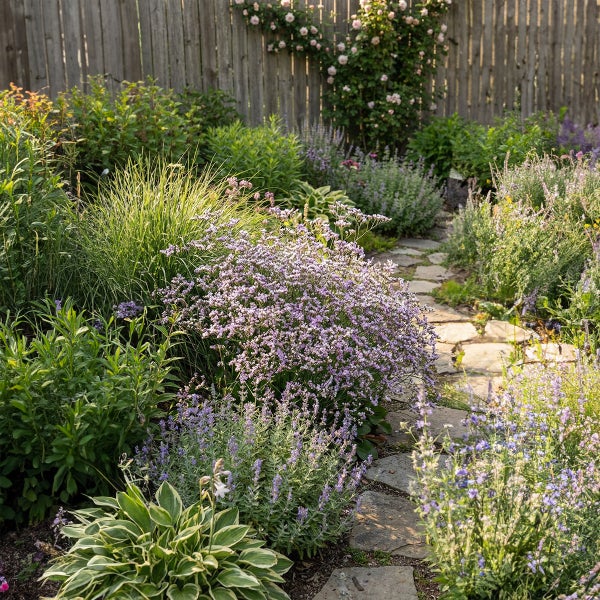 Naturnaher Garten mit einem Pfad aus Trittsteinen, umgeben von üppigen Stauden, Gräsern und blühenden Pflanzen vor einem Holzzaun.