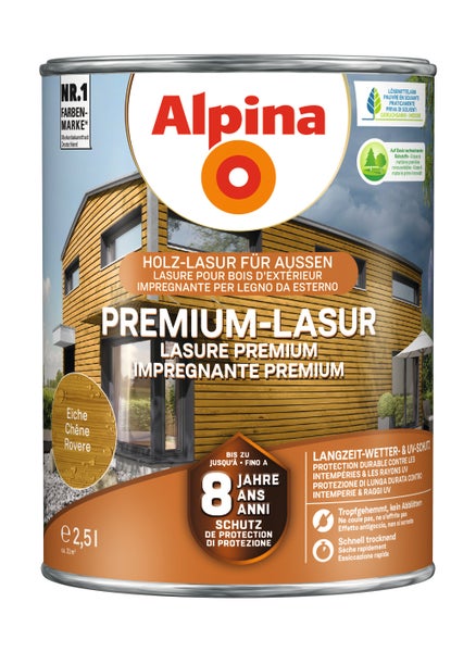 Alpina Logo. Premium-Holzlasur für außen, Eiche, 2,5 Liter. 8 Jahre Wetter- und UV-Schutz, tropfgehemmt, schnell trocknend, lösemittelarm.