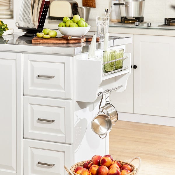 Kücheninsel mit Schubladen, Messerblock, Gläserhalter, Hängevorrichtung und Obst