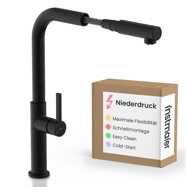 Niederdruck Küchenarmatur in Schwarz mit ausziehbarer Brause und Produktverpackung