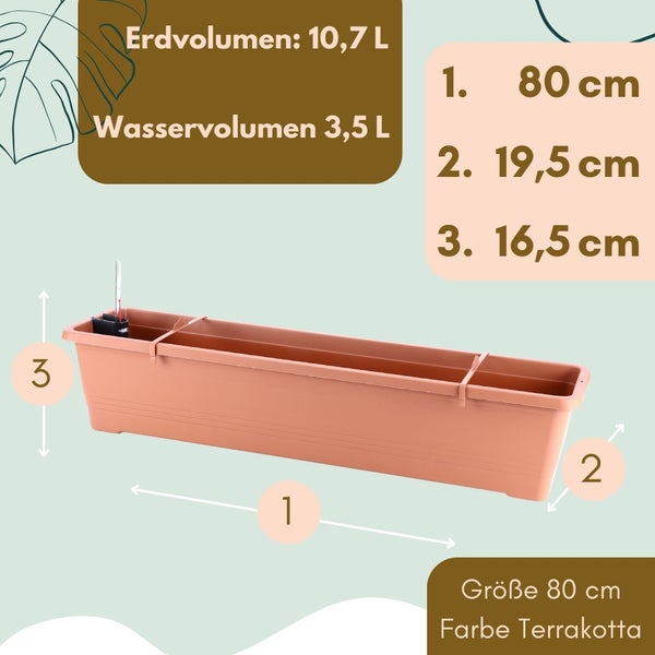 Blumenkasten Fensterbank Außen Blumenkasten Balkongeländer Balkonkasten mit Wasserspeicher Metall Halterung Pflanzkasten Outdoor 80 cm terrakotta