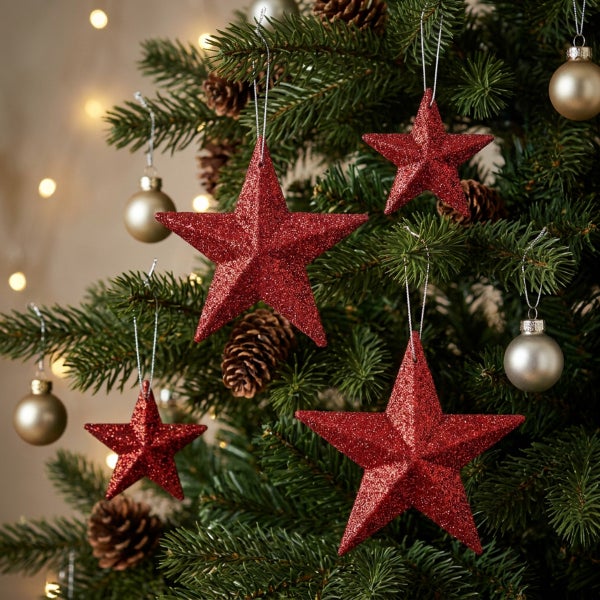 Weihnachtsbaum mit glitzernden sternförmigen Anhängern und Kugeln sowie Tannenzapfen als Dekoration