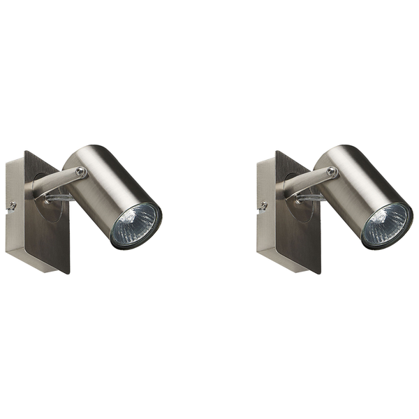 Zwei moderne Wandstrahler aus gebürstetem Metall mit verstellbarem zylindrischem Kopf.