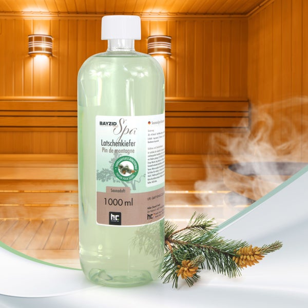 BAYZID Spa Latschenkiefer Saunaaufguss 1000 ml vor Saunahintergrund