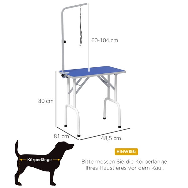 Hundetisch mit den Maßen 80 cm Höhe, 81 cm Länge und 48,5 cm Breite.